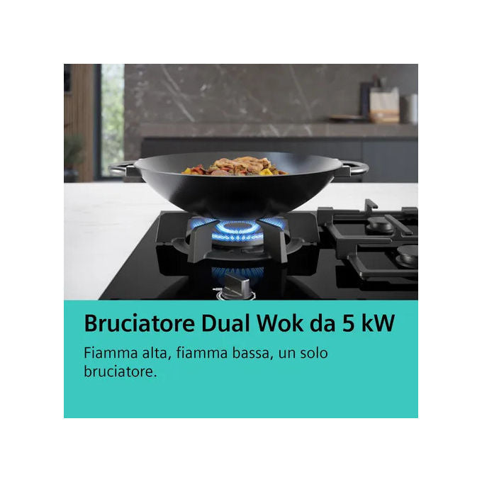 Siemens EC7A5SI90 IQ500 Piano cottura a gas 75 cm 5 fuochi bruciatore wok stepFlame griglie ghisa colore Acciaio inox