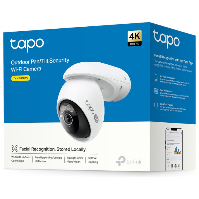 TP-Link TC46 Tapo Telecamera IP 4K UHD 8MP Pan Tilt 360° Wi-Fi IP66 Visione Notturna Starlight AI colore Bianco