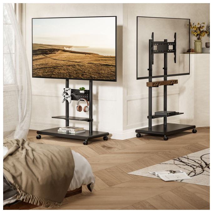 Equip, Supporto TV da Pavimento Mobile, 50-90'', 60 kg, con Ripiano, Nero
