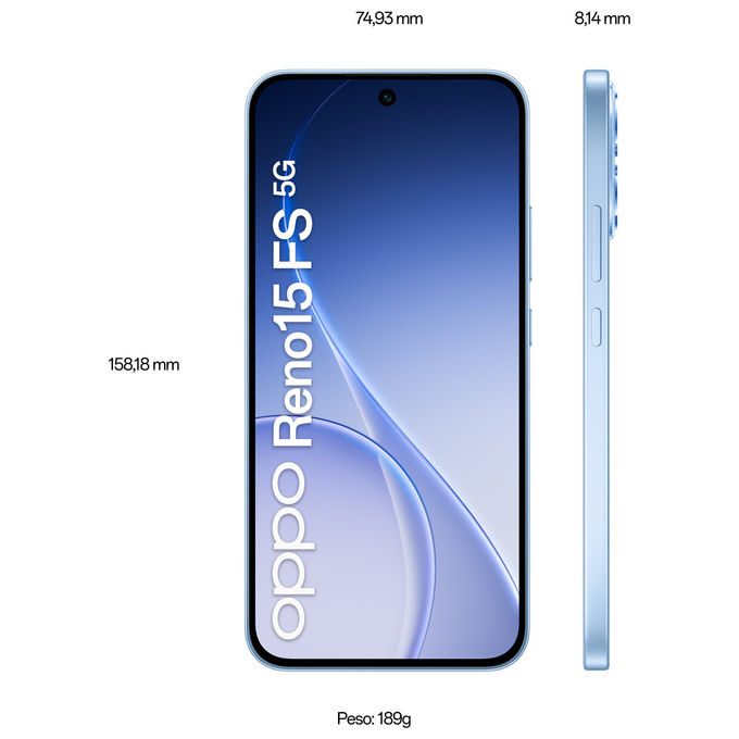 Oppo, Smartphone 5G AI, Reno15 FS, 8-512GB, Display 6.57'' AMOLED 120Hz, Aurora Blue