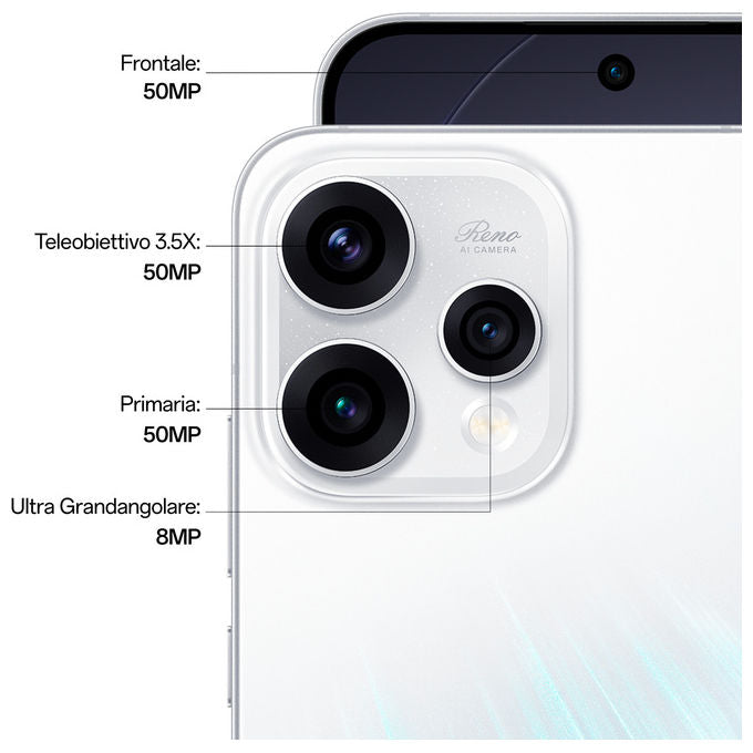Oppo Reno15 5G, Smartphone AI, Tripla Fotocamera 50MP, 512GB, 8GB RAM, Aurora White