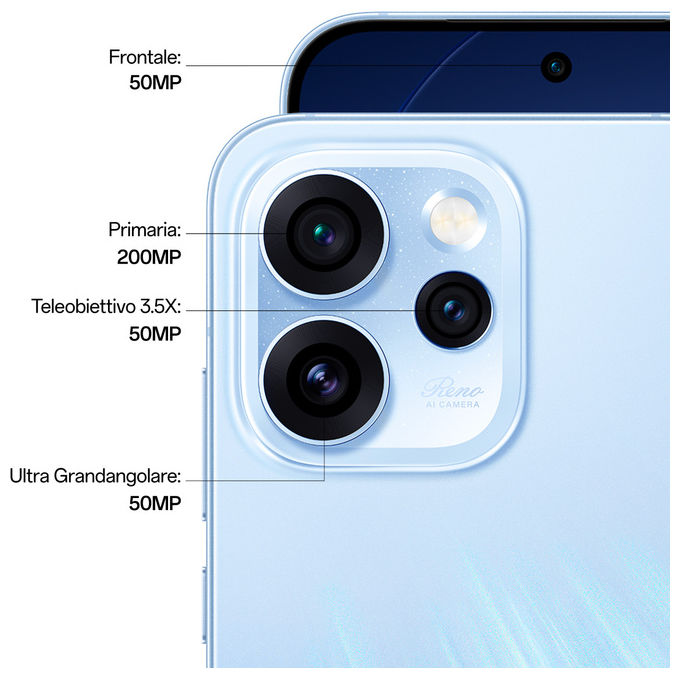Oppo Reno15 Pro 5G Smartphone 6,32'' AMOLED 120Hz MediaTek Dimensity 8450 12GB RAM 512GB Tripla cam 200MP 6200mAh colore Aurora Blue