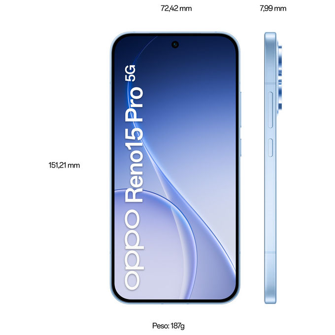 Oppo Reno15 Pro 5G Smartphone 6,32'' AMOLED 120Hz MediaTek Dimensity 8450 12GB RAM 512GB Tripla cam 200MP 6200mAh colore Aurora Blue