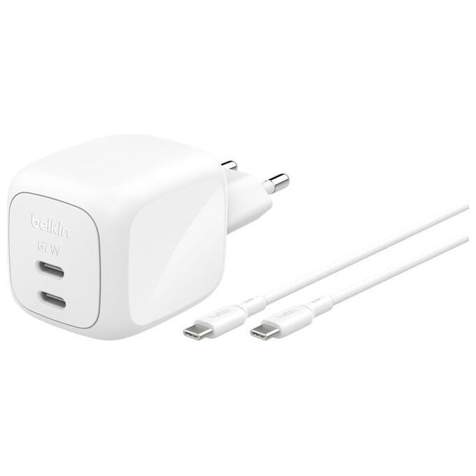 Belkin, Caricabatterie Universale, 67W, Ricarica Rapida, 2 Porte USB-C, Bianco, con Cavo