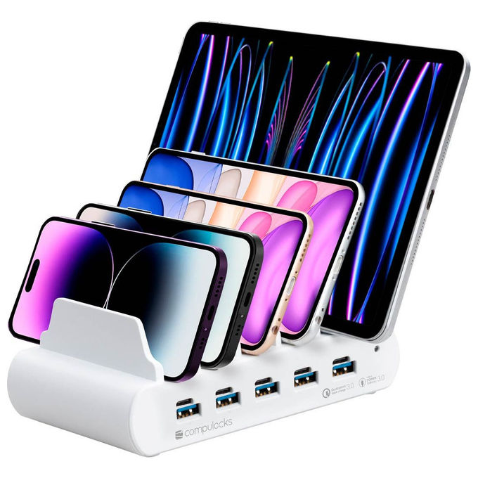 Compulocks, Stazione di Ricarica USB-C e USB-A, 5 Porte, con Spina UK, Bianco