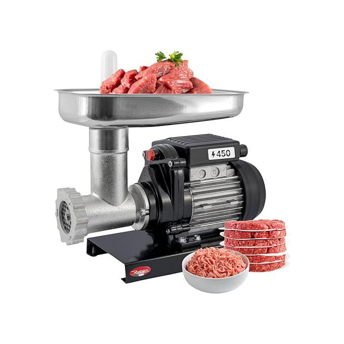 Reber, Tritacarne Elettrico N.8, 450W, Corpo in Ghisa Stagnata, Coltello e Piastra in Acciaio Inox