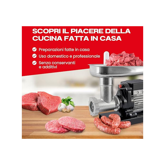 Reber, Tritacarne Elettrico N.8, 450W, Corpo in Ghisa Stagnata, Coltello e Piastra in Acciaio Inox