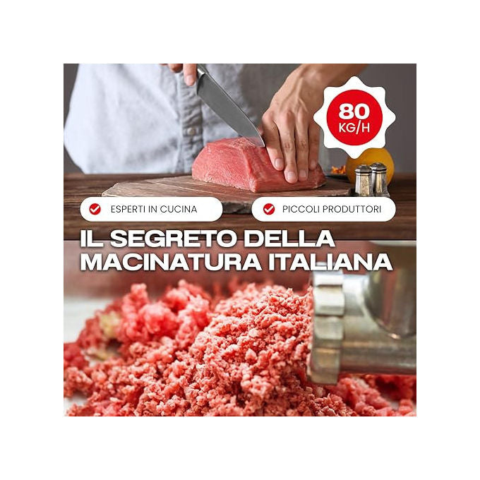 Reber, Tritacarne Elettrico N.8, 450W, Corpo in Ghisa Stagnata, Coltello e Piastra in Acciaio Inox