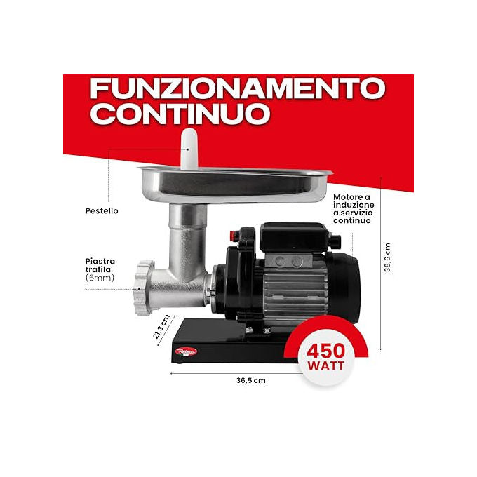 Reber, Tritacarne Elettrico N.8, 450W, Corpo in Ghisa Stagnata, Coltello e Piastra in Acciaio Inox
