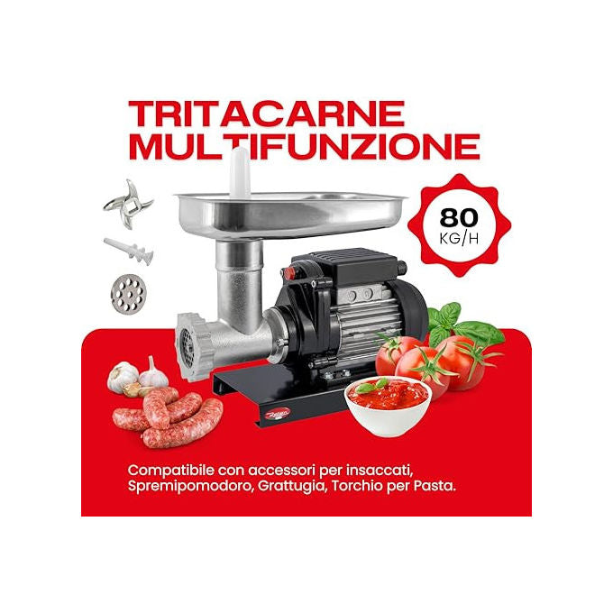 Reber, Tritacarne Elettrico N.8, 450W, Corpo in Ghisa Stagnata, Coltello e Piastra in Acciaio Inox
