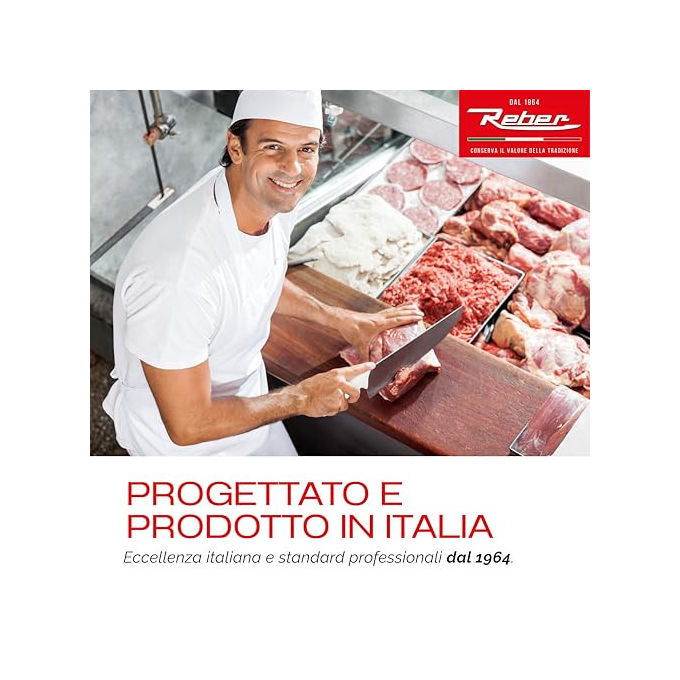 Reber, Tritacarne Elettrico N.8, 450W, Corpo in Ghisa Stagnata, Coltello e Piastra in Acciaio Inox