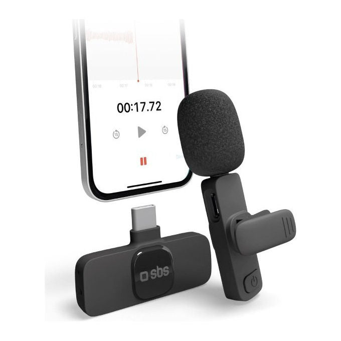 Sbs, Microfono Wireless con Ricevitore USB-C, Clip, Riduzione Rumore, Nero