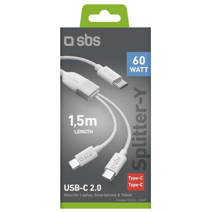 SBS, Cavo USB C, 1.5 m, Bianco, Splitter USB Type-C con doppia uscita USB-C 60W
