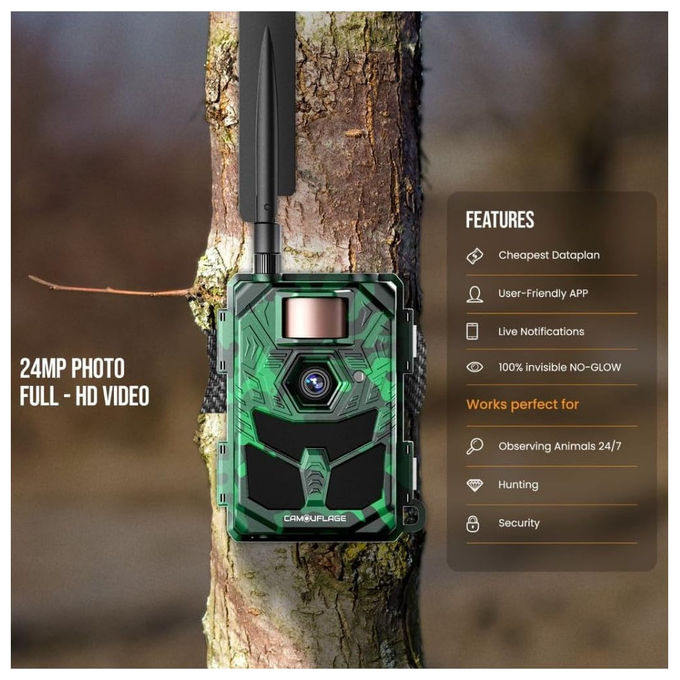 Camouflage, Fototrappola 4G 4K, 30MP, Visione Notturna, Trigger 0.2s, EZ4G Pro, Camouflage