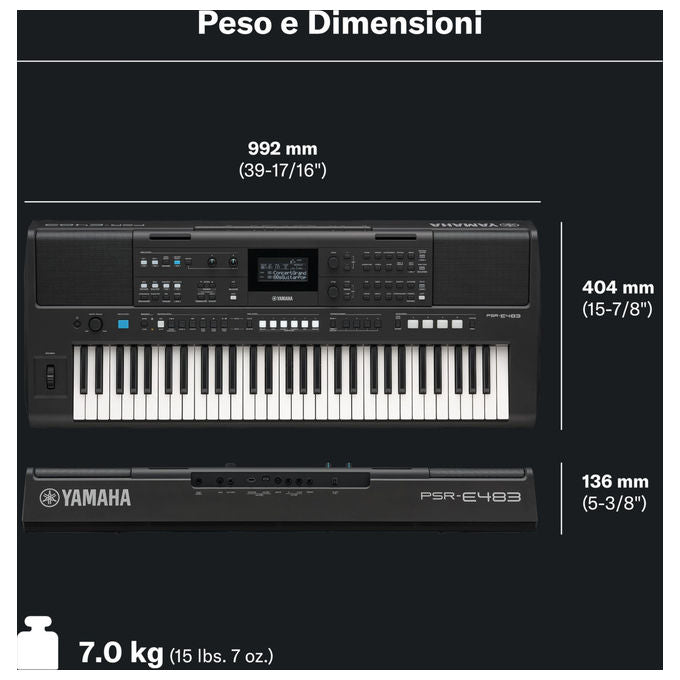 Yamaha VHN6420 PSR-E483 Tastiera Portatile 61 Tasti Sensibili al Tocco 860 Voci 345 Stili 12W colore Nero