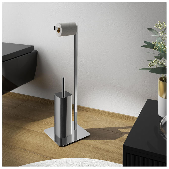 Gedy 1332 Felix Piantana Portarotolo e Scopino WC Acciaio Inox Base Quadrata Zavorrata colore Cromato