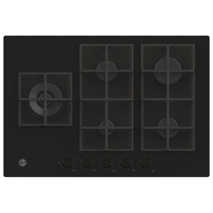 Hoover H-HOB 500 GAS HVG7WL4WC5B, Piano Cottura a Gas da Incasso, 74.5 cm, Vetro Temperato Nero, 5 Fuochi