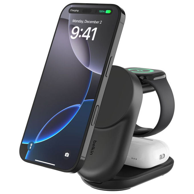 Belkin, Caricatore Wireless Magnetico Qi2, 25W, 3 in 1, Nero, Ricarica Rapida, USB-C