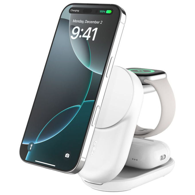 Belkin, Caricatore Wireless Magnetico Qi2 3-in-1 UltraCharge 25W, Ricarica Rapida, Bianco