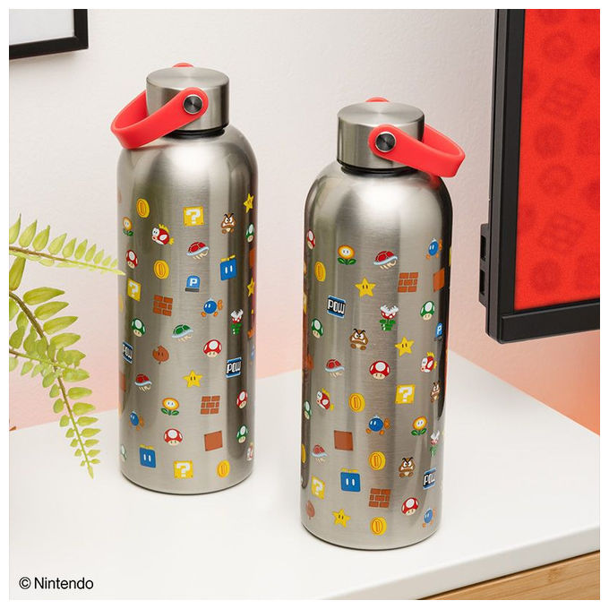 Paladone, Borraccia in Acciaio Inossidabile Super Mario Picto, 500 ml, Argento