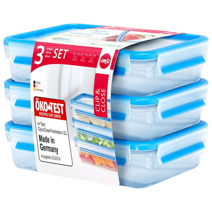 Emsa, Contenitori Alimenti, 3 Pezzi da 1.2L, Rettangolari, ClipandClose, Trasparenti-Blu