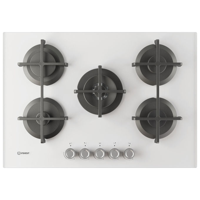 Indesit ING 72T-WH, Piano Cottura a Gas, 5 Fuochi, Vetro Bianco, 75 cm