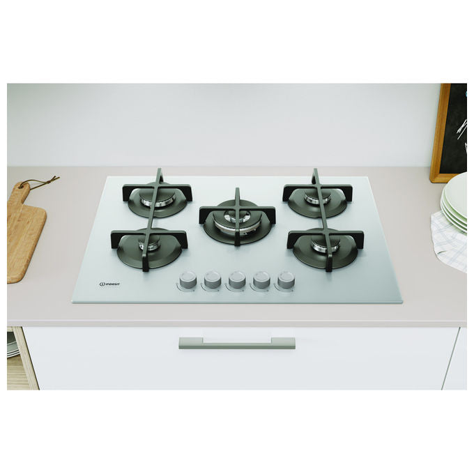 Indesit ING 72T-WH, Piano Cottura a Gas, 5 Fuochi, Vetro Bianco, 75 cm