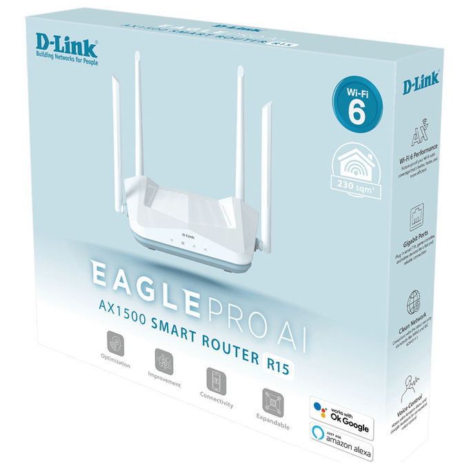 D-Link, Router Wireless, Dual-Band Gigabit Ethernet, AX1500, Bianco
