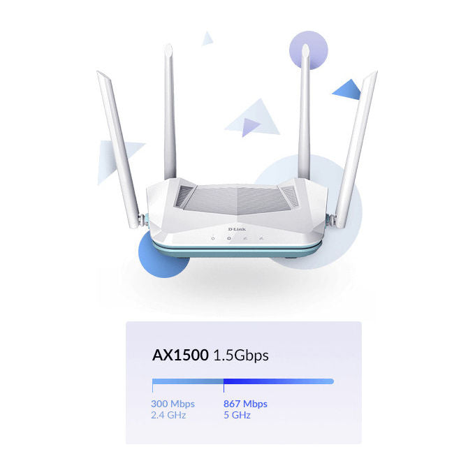 D-Link, Router Wireless, Dual-Band Gigabit Ethernet, AX1500, Bianco