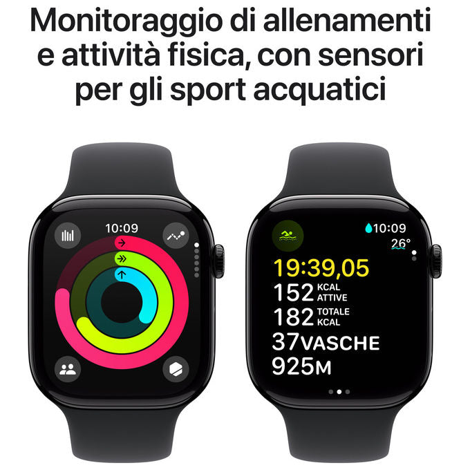 Apple, Watch Series 10, GPS + Cellular 46mm, Jet Black Alluminio, Nero Sport Band M-L