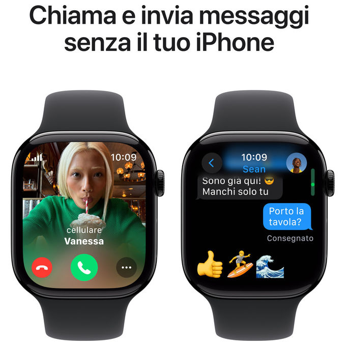 Apple, Watch Series 10, GPS + Cellular 46mm, Jet Black Alluminio, Nero Sport Band M-L