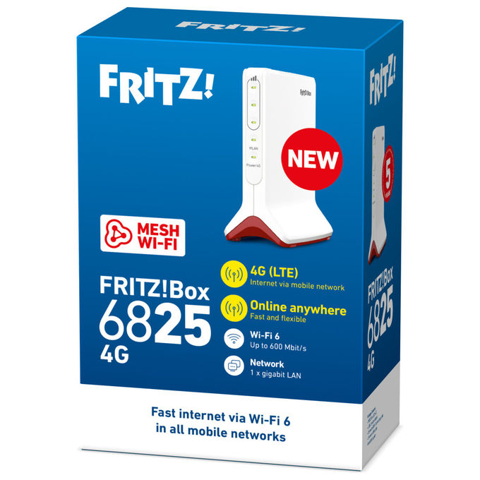 Fritz! Box 6825 4G Edition International Router Wireless Wi-Fi 6 600 Mbit-s LTE 4G Slot NanoSIM WLAN Mesh colore Bianco