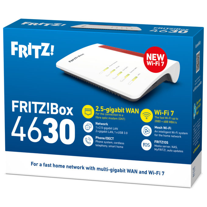 FRITZ! FRITZ!BOX 4630 INTERNATIONAL Router Wireless Dual-Band Wi-Fi 7 2.5 Gigabit Ethernet 4 Porte LAN WPA3 3568 Mbit-s colore Bianco