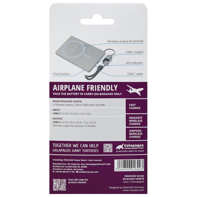 Rivacase, Power Bank Magsafe, 5000mAh, 15W Wireless, Ricarica Rapida PD20W