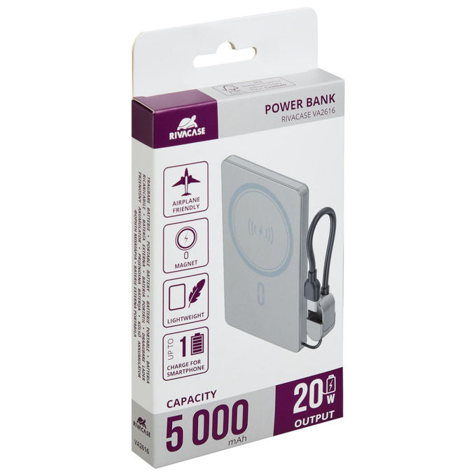 Rivacase, Power Bank Magsafe, 5000mAh, 15W Wireless, Ricarica Rapida PD20W