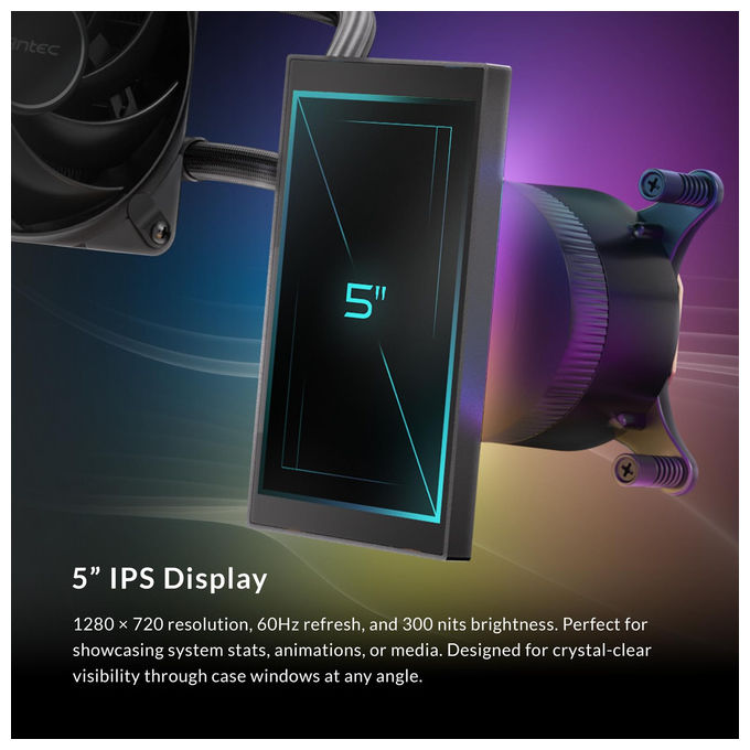 Antec, Vortex View 360, Raffreddamento a liquido AIO, Schermo IPS 5'', 3 Ventole PWM 120mm, RGB, Intel-AMD