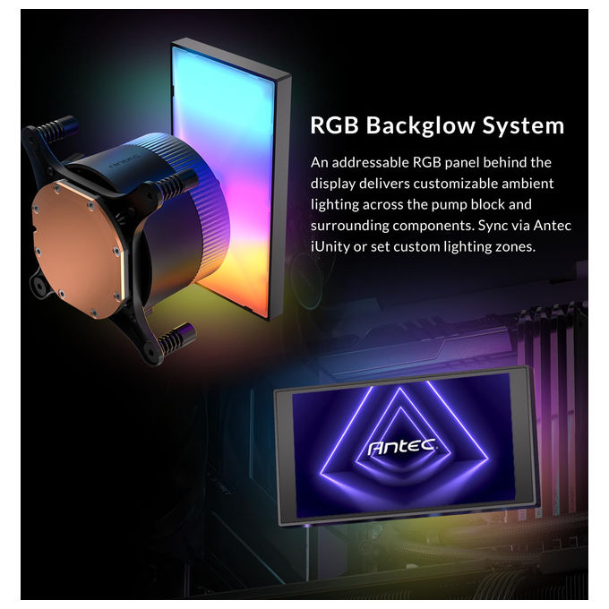 Antec, Vortex View 360, Raffreddamento a liquido AIO, Schermo IPS 5'', 3 Ventole PWM 120mm, RGB, Intel-AMD