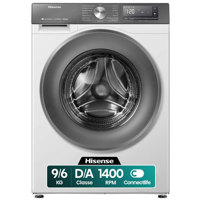 Hisense WD3S9043BW7 Lavasciuga Frontale 9-6 Kg 1400 rpm Classe A Inverter WiFi Vapore (85x60x55 cm) colore Bianco