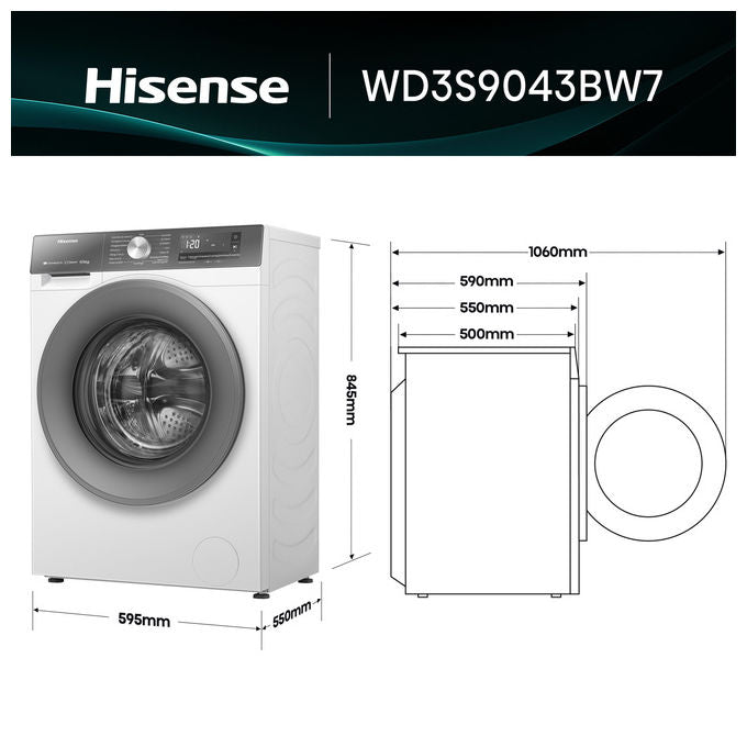 Hisense WD3S9043BW7 Lavasciuga Frontale 9-6 Kg 1400 rpm Classe A Inverter WiFi Vapore (85x60x55 cm) colore Bianco