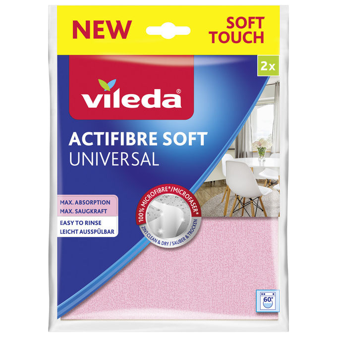Vileda 171814 Actifibre Soft Panno in Microfibra Universale 2 pezzi lavabile in lavatrice colore Rosa e Grigio