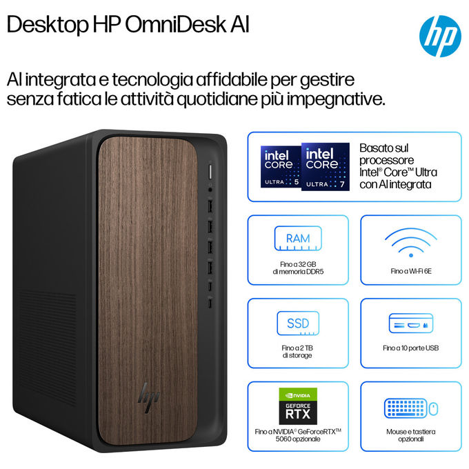 Hp, Omnidesk Desktop AI, Intel Core Ultra 5 225, 16 GB DDR5-SDRAM, Windows 11 Home, Tower
