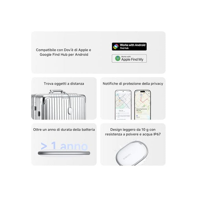 Xiaomi, Smart Tag, Compatibile con Apple Find My e Google Android Find Hub, Localizzatore, IP67, Autonomia 1 Anno