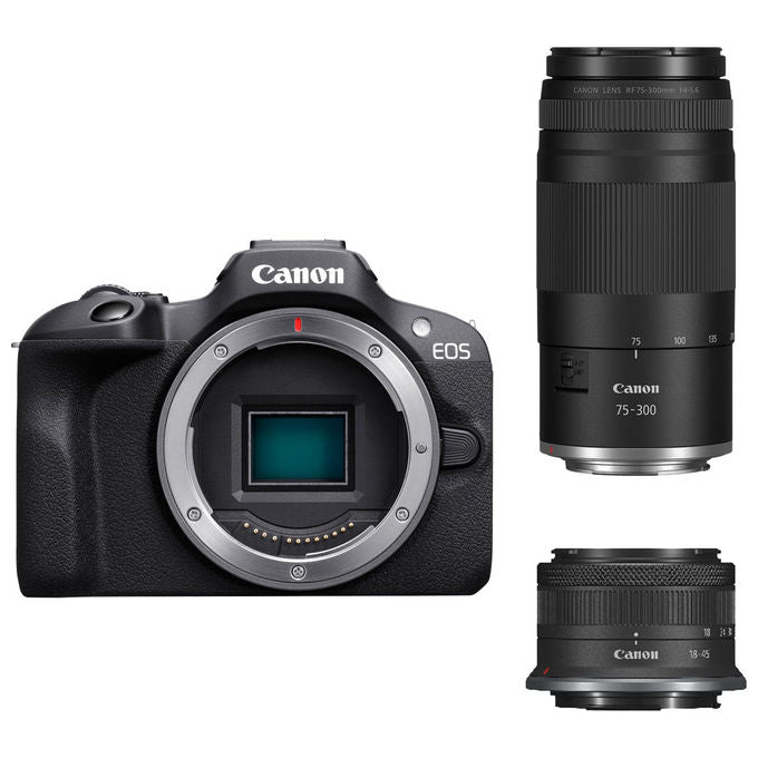 Canon 6052C120AC EOS R100 Fotocamera Mirrorless APS-C 24,2 MP Kit Doppio Zoom RF-S 18-45mm RF 75-300mm Video 4K Wi-Fi Bluetooth colore Nero