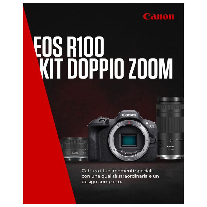 Canon 6052C120AC EOS R100 Fotocamera Mirrorless APS-C 24,2 MP Kit Doppio Zoom RF-S 18-45mm RF 75-300mm Video 4K Wi-Fi Bluetooth colore Nero
