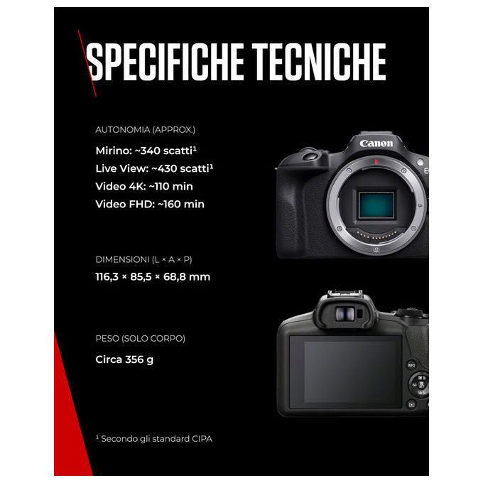 Canon 6052C120AC EOS R100 Fotocamera Mirrorless APS-C 24,2 MP Kit Doppio Zoom RF-S 18-45mm RF 75-300mm Video 4K Wi-Fi Bluetooth colore Nero