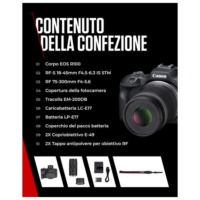 Canon 6052C120AC EOS R100 Fotocamera Mirrorless APS-C 24,2 MP Kit Doppio Zoom RF-S 18-45mm RF 75-300mm Video 4K Wi-Fi Bluetooth colore Nero
