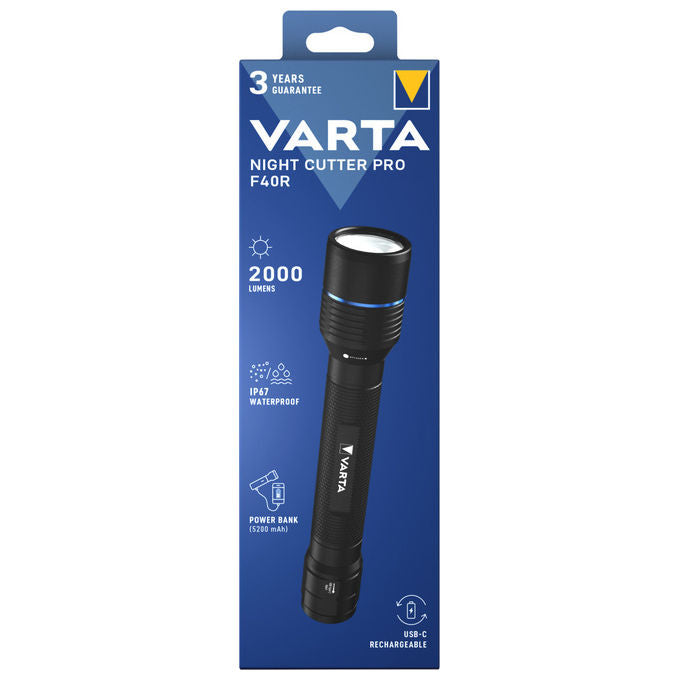 Varta Night Cutter Pro F40R, Torcia a Mano LED, Nero, 2000 lm, IP67