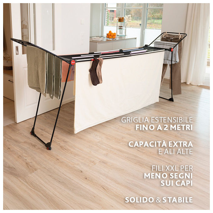 Vileda IF-ULT-BK Infinity Flex Ultimate Stendibiancheria Estensibile 30 m 35 Kg Acciaio con Ruote e Porta Calzini colore Nero
