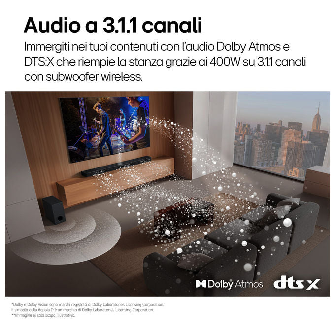 LG S70TY Soundbar 3.1.1 canali 400W Dolby Atmos DTS:X Speaker centrale up-firing Subwoofer wireless colore Nero