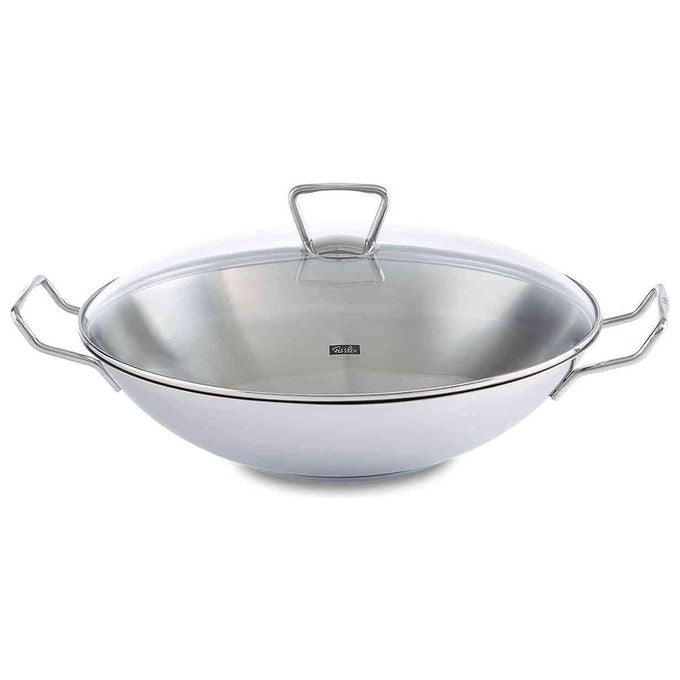 Fissler Padella Wok Kunming 36 cm Acciaio Inox con Coperchio in Vetro Induzione